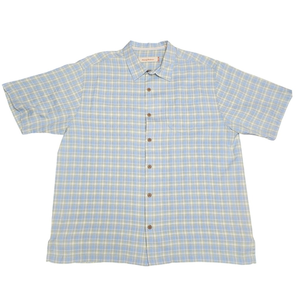 Tommy Bahama Silk Plaid Short Sleeve Button Up Shirt Mens XL Blue Green